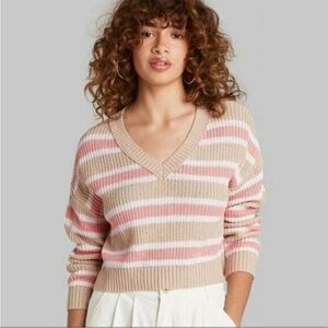 Wild Fable V-Neck Sweater - Pink and Tan Stripes